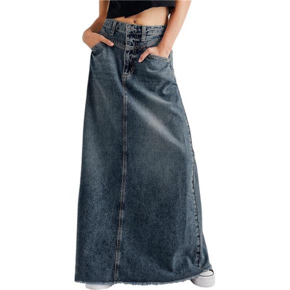Women Vintage Denim Maxi Skirt Frayed Raw Hem High Waist A-Line Long